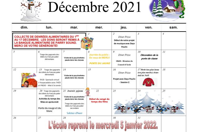 Calendrier mensuel - Décembre 2021