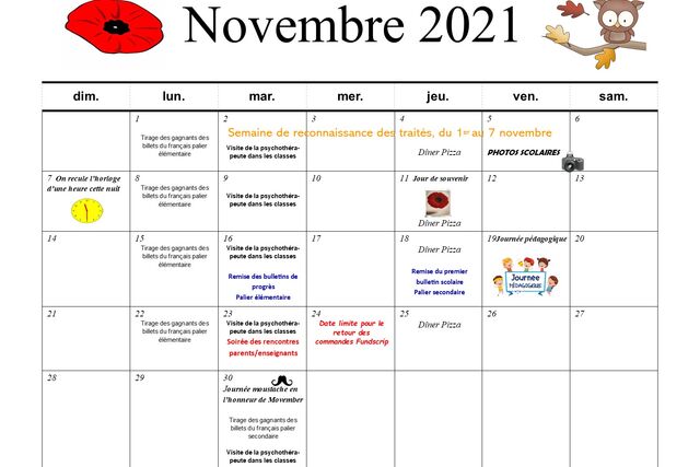 Calendrier mensuel - Novembre 2021